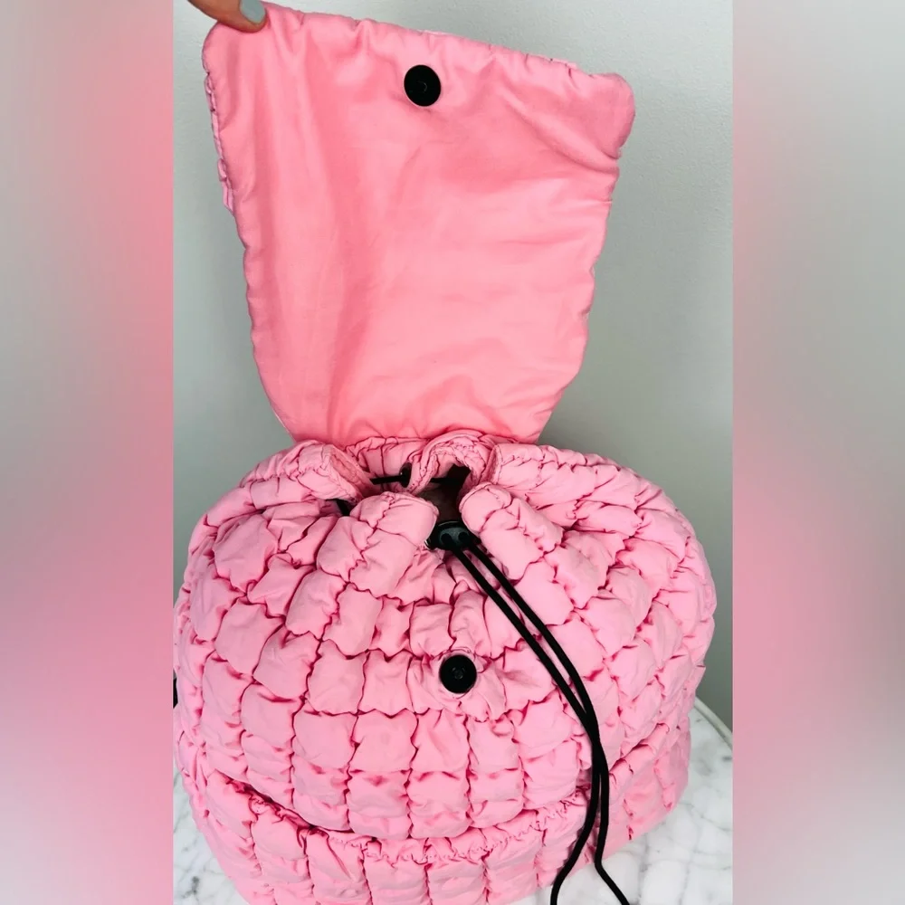 Malibu Hippie Pink Quilted Puffer Backpack – Drawstring Everyday Bag